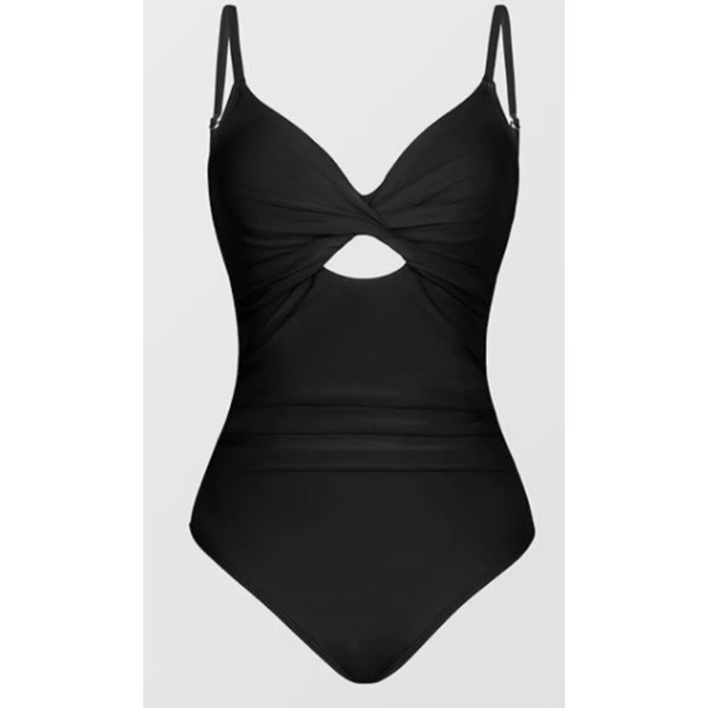 NWT CUPSHE Black Medium One Piece, Ruched Tummy, Twist Front, Peek a Boo